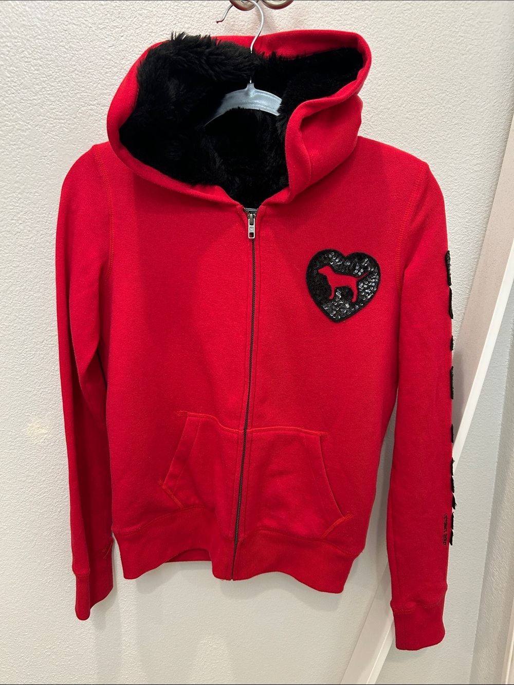 RARE Victoria's Secret PINK 2011 Fashion Show Red Zip Hoodie with Black Faux Fur